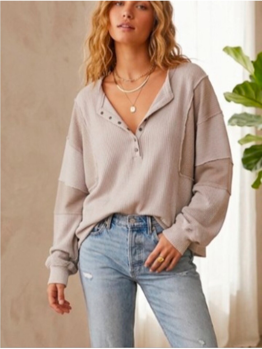 Free People We The Free Castillo Henley Waffle Long Sleeve in Taupe Sz L